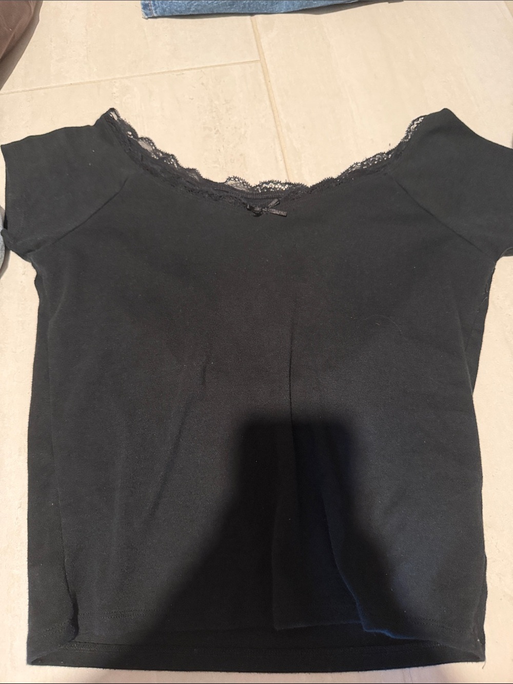 Hollister Black Short Sleeve Tee with Lace Trim